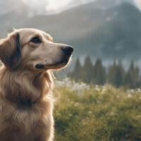 Cute, furry black and white Shetland Sheepdog, little collie portrait outdoors in summer. Sheltie on a large stone against the backdrop of a forest and beautiful mountains, hills