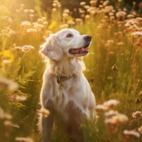 Clumber spaniel dog sitting in meadow field surrounded by vibrant wildflowers and grass on sunny day ai generated
