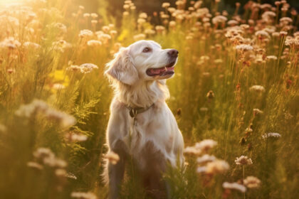 Clumber spaniel dog sitting in meadow field surrounded by vibrant wildflowers and grass on sunny day ai generated